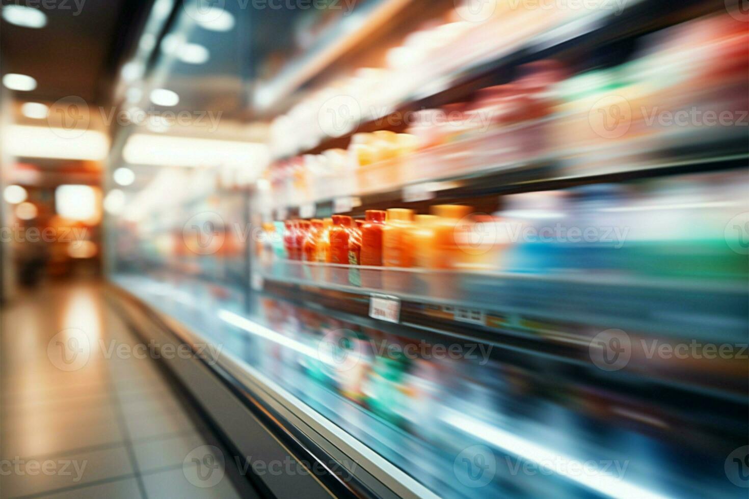 un resumen difuminar capturas el bullicioso energía de un ocupado supermercado ai generado foto