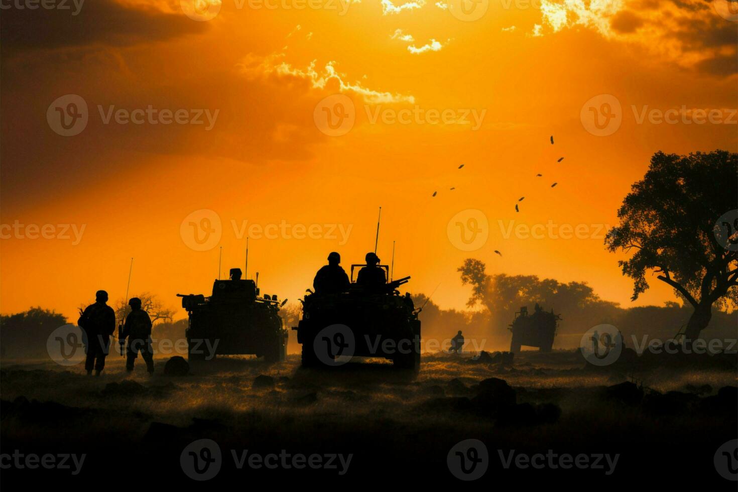 Amidst the sunsets glow and smoke, soldiers attack the enemy AI Generated photo