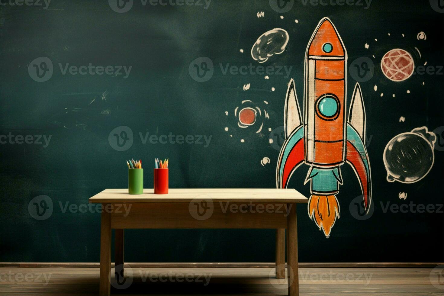 Back to school themed wood table with retro rocket chalk drawing AI Generated photo