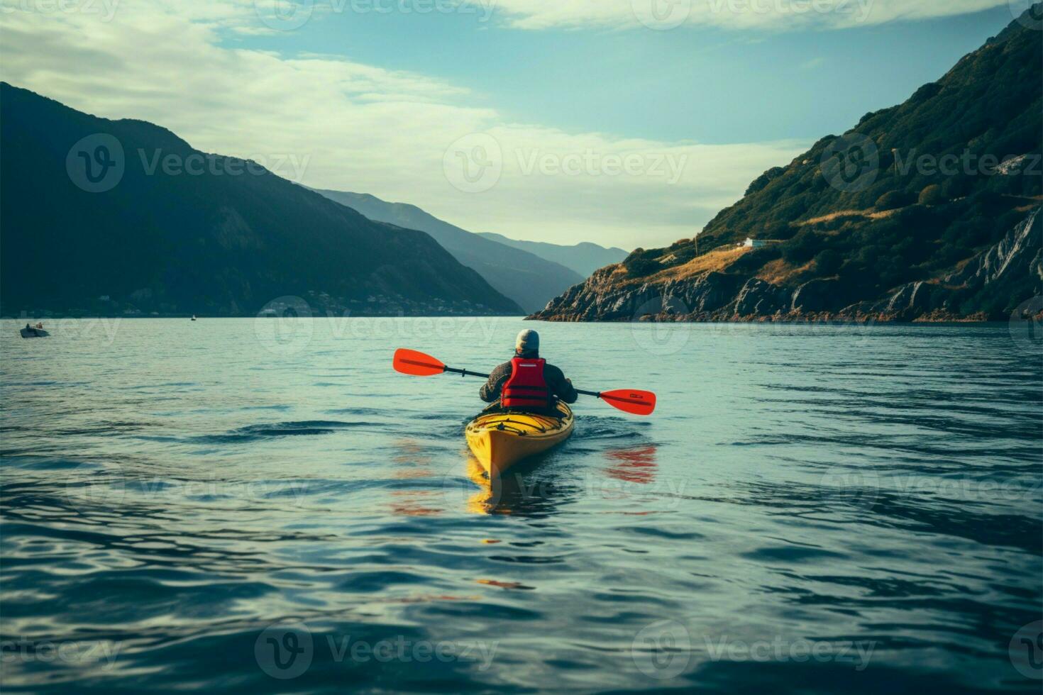 Active kayak excursion on a sunny and spirited day outdoors AI Generated photo