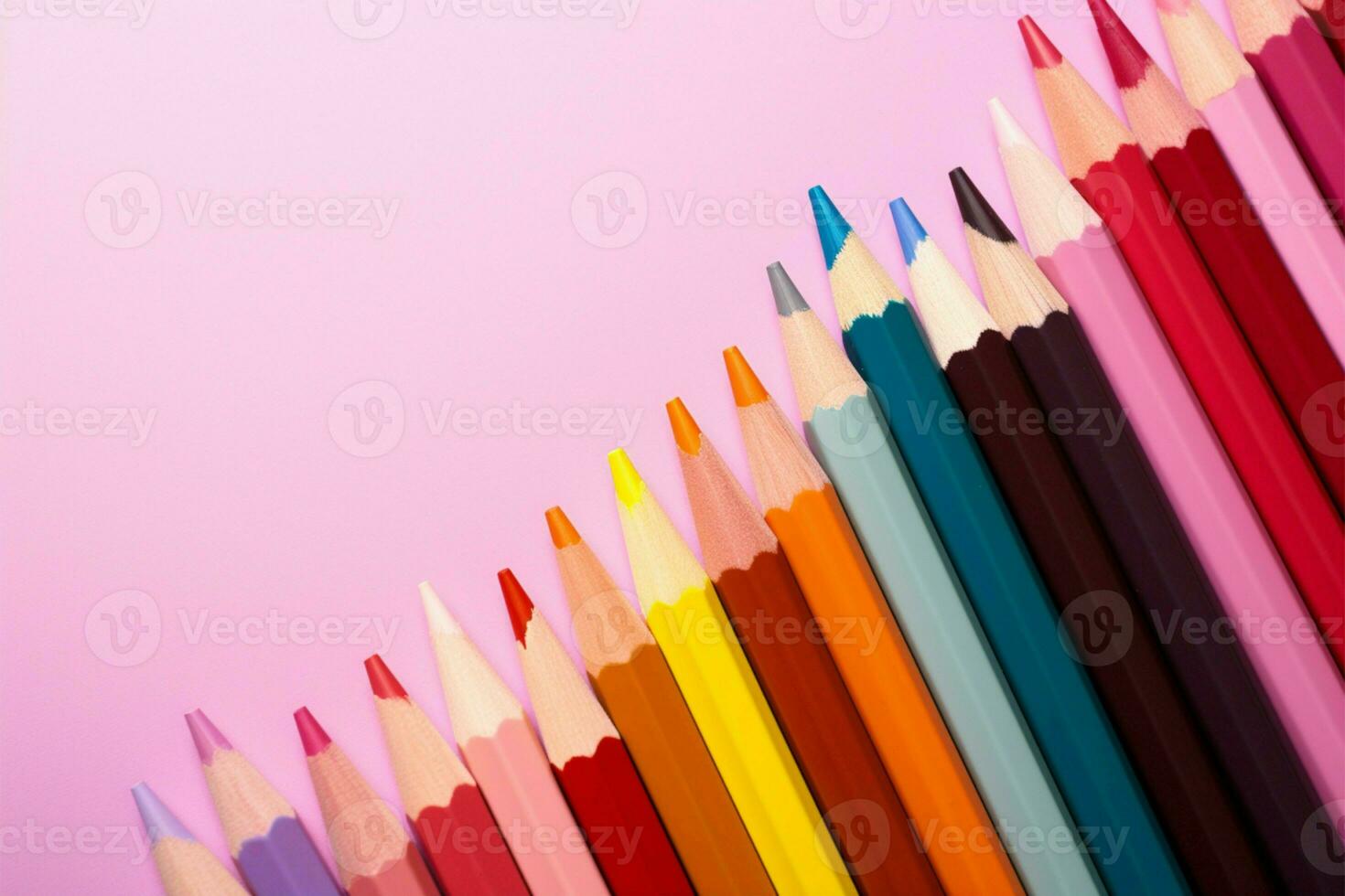 Artistic arrangement of colored pencils on a pink background with space AI Generated photo