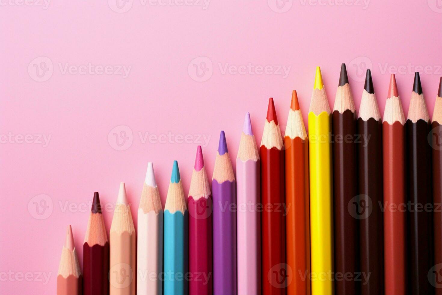 Artistic arrangement of colored pencils on a pink background with space AI Generated photo
