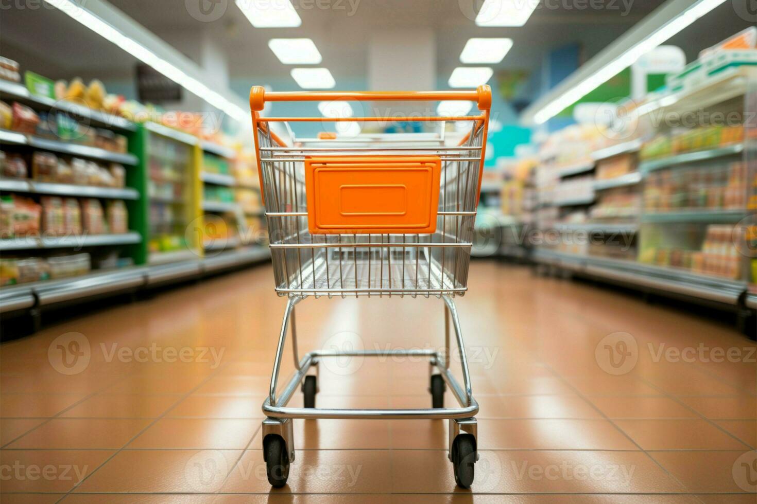 An unused shopping cart in a supermarket, part of the stores scenery AI Generated photo