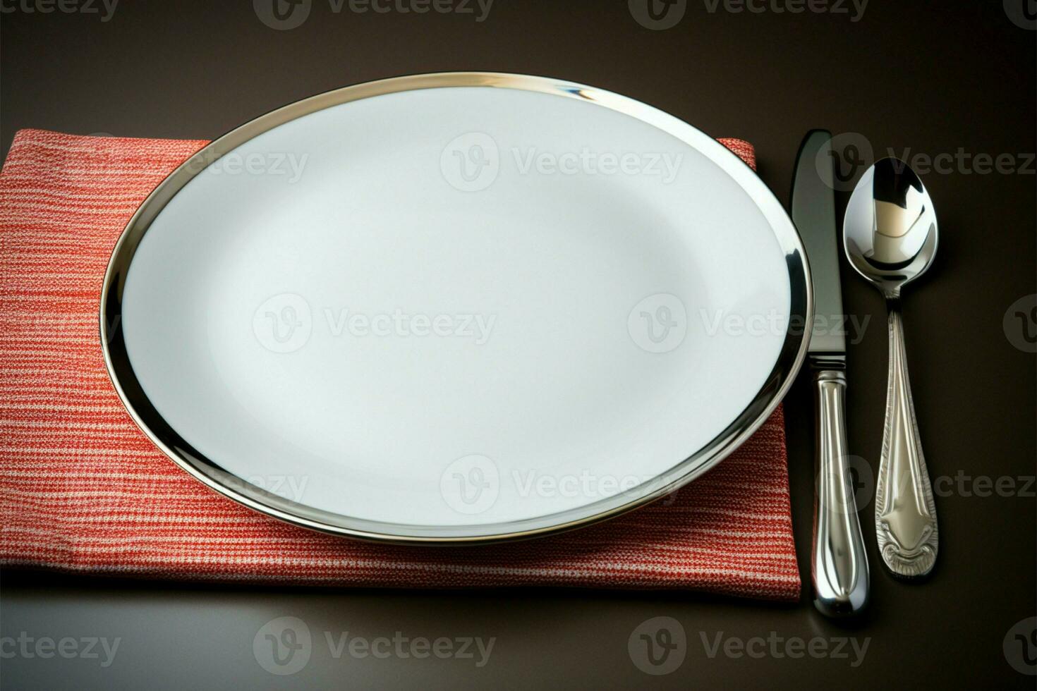 An unoccupied plate, partnered with a glistening knife, fork, and spoon AI Generated photo