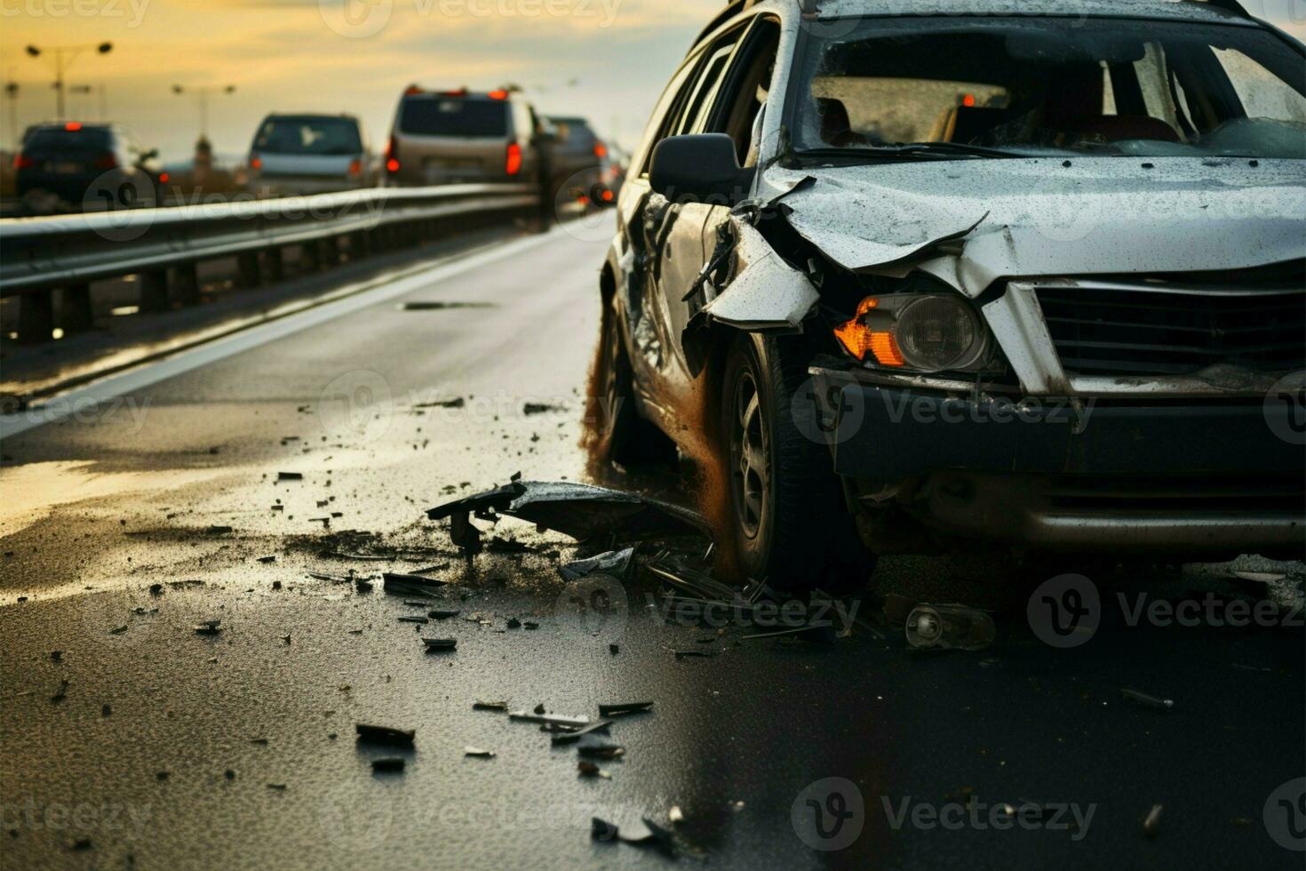 accidente en autopista causas coche daño, destrozado vehículo en la carretera ai generado foto