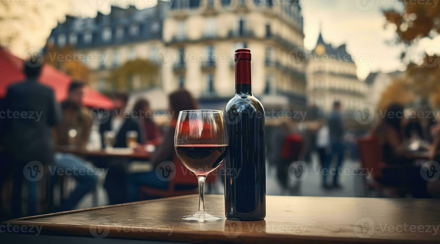 Generative AI, glass of wine and bottle on wooden table with blur background with lights of street bar, cafe, coffee shop or restaurant, wine mock up photo