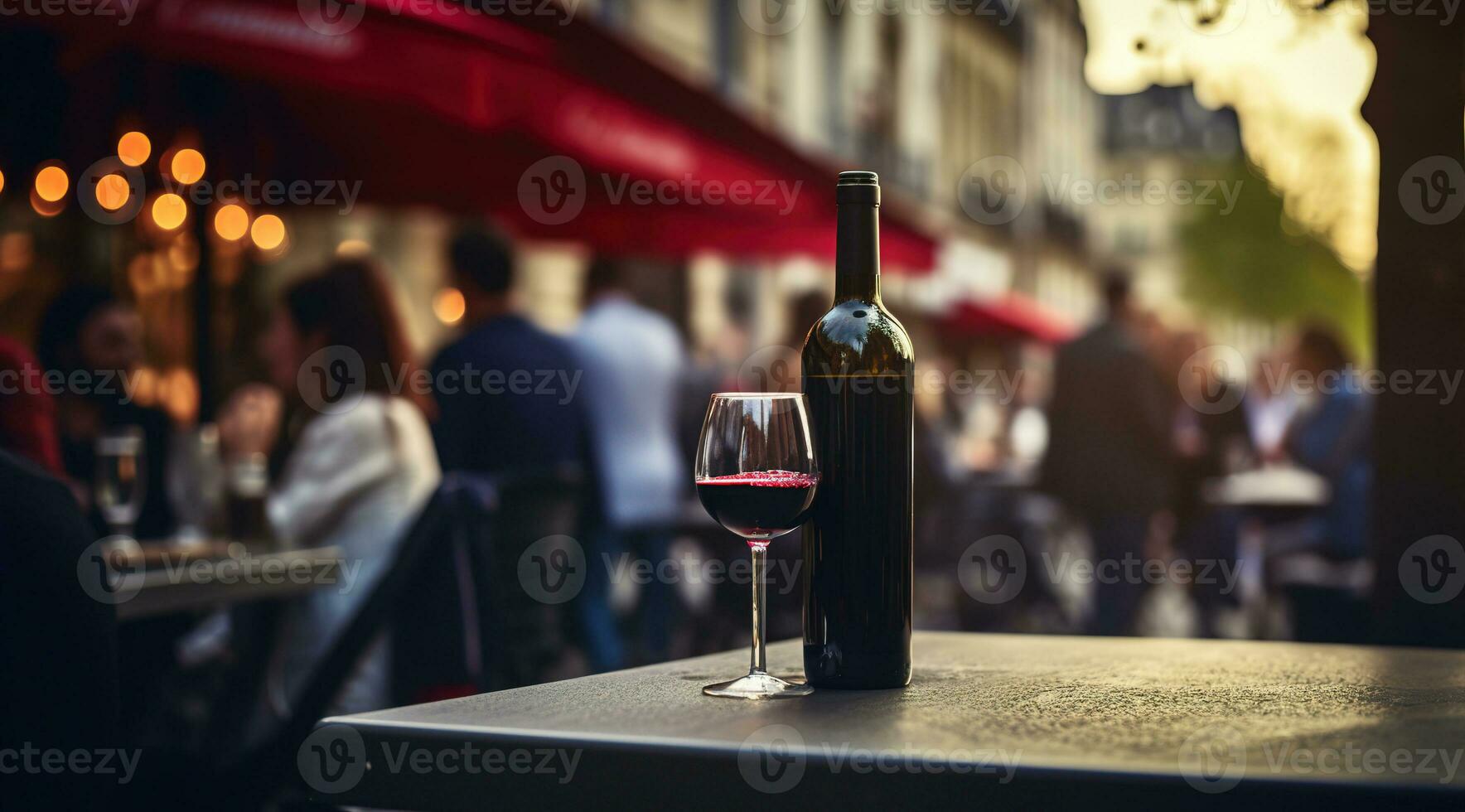 Generative AI, glass of wine and bottle on wooden table with blur background with lights of street bar, cafe, coffee shop or restaurant, wine mock up photo