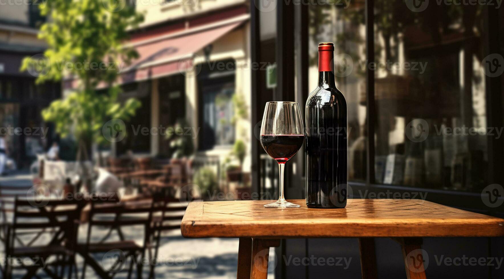 Generative AI, glass of wine and bottle on wooden table with blur background with lights of street bar, cafe, coffee shop or restaurant, wine mock up photo