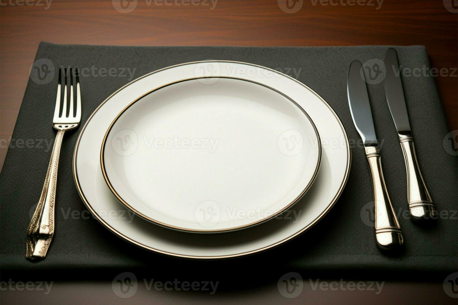 un plato vacío de alimento, conjunto con un brillante cuchillo, tenedor, y cuchara ai generado foto