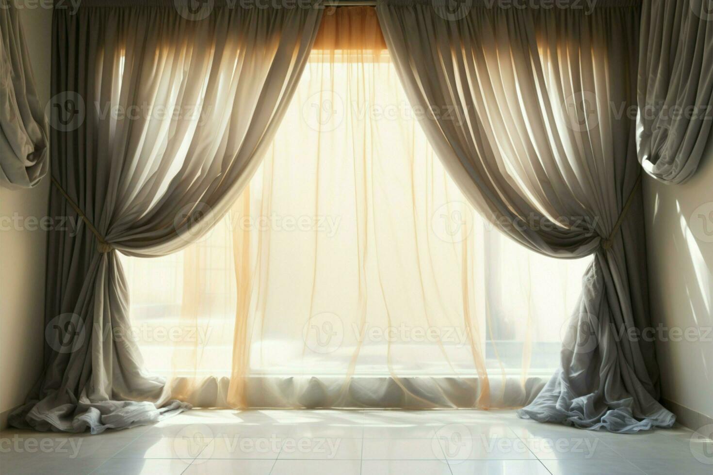 A curtain dances with the sunlight, casting a tranquil atmosphere AI Generated photo