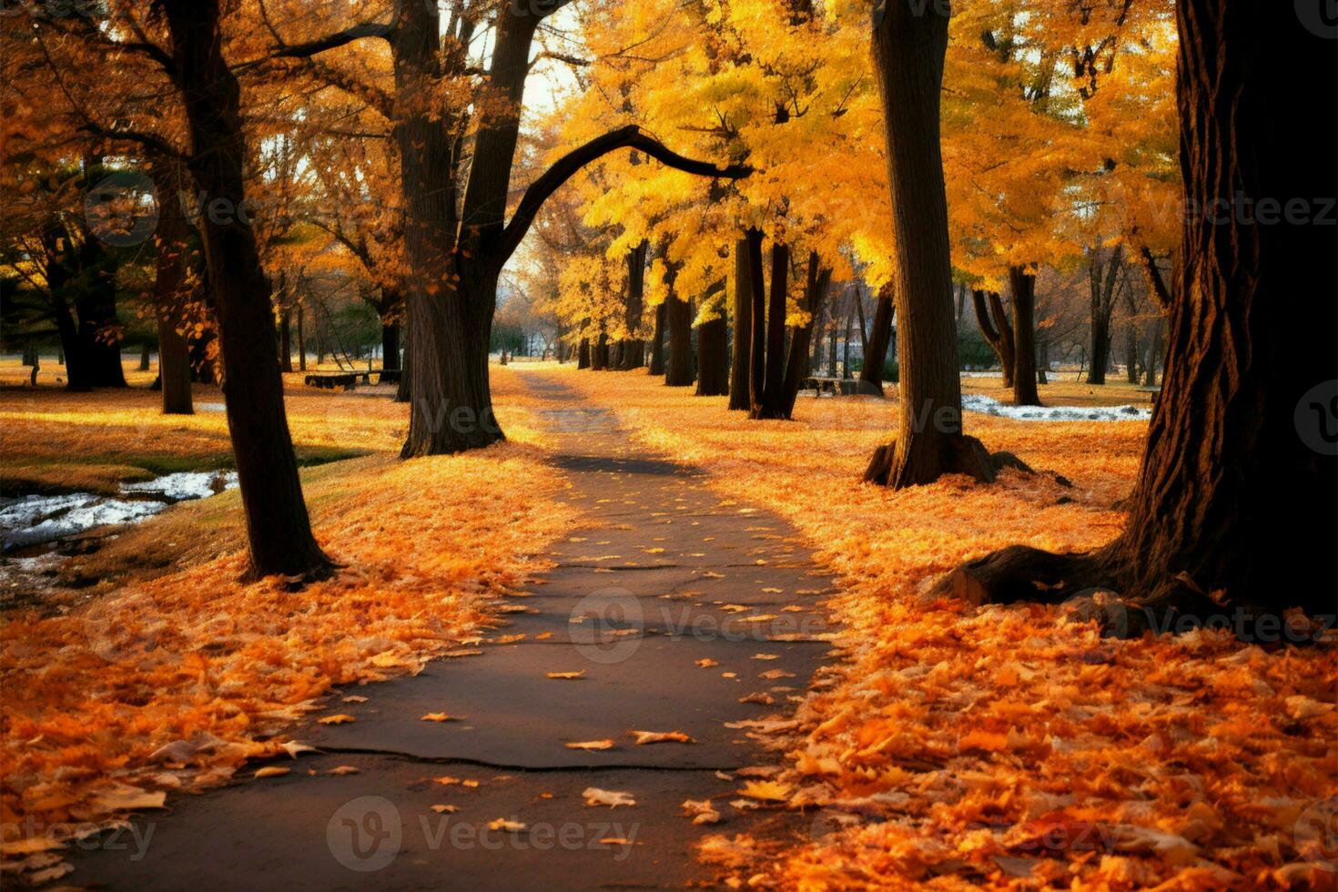 A scenic autumn path, adorned with falling maple leaves in brilliance AI Generated photo