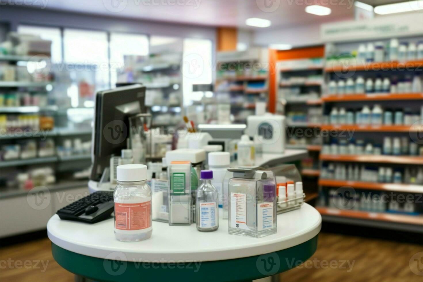 un amable difuminar acentúa estantería de cuidado de la salud productos en el Tienda ai generado foto