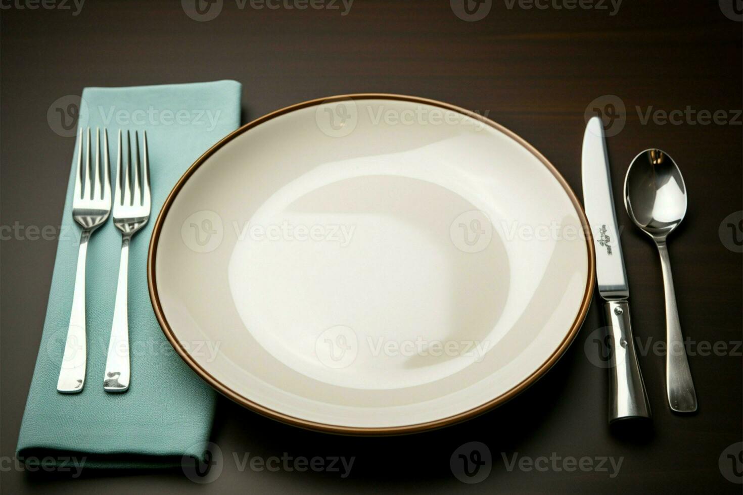 A vacant dish, accompanied by a polished knife, fork, and spoon AI Generated photo