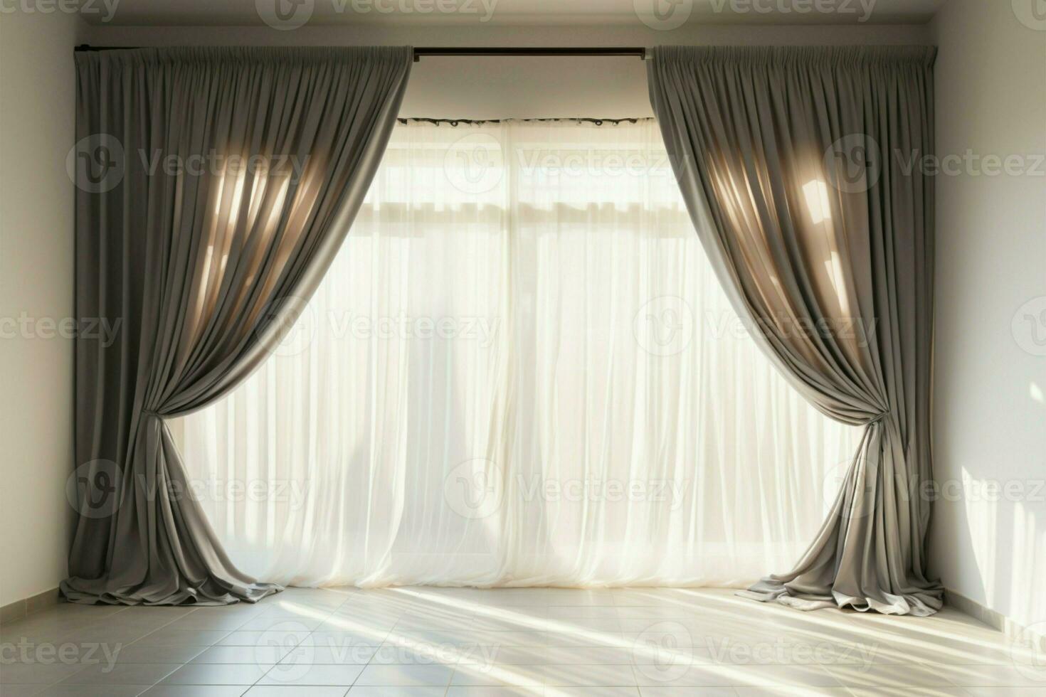 A curtain dances with the sunlight, casting a tranquil atmosphere AI Generated photo