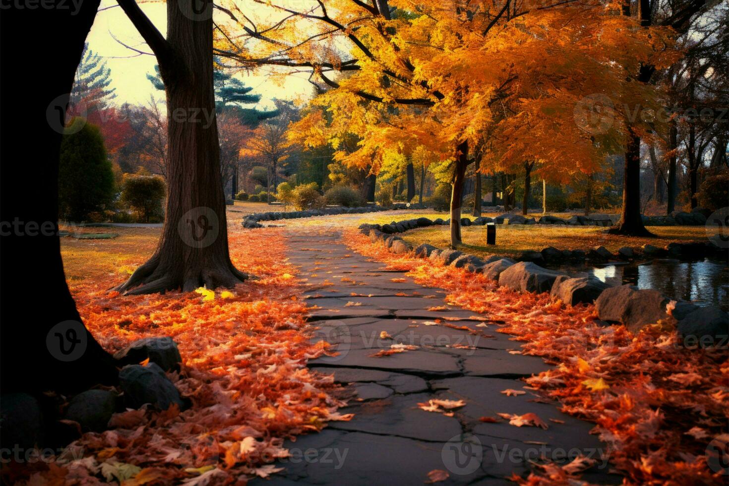 A scenic autumn path, adorned with falling maple leaves in brilliance AI Generated photo