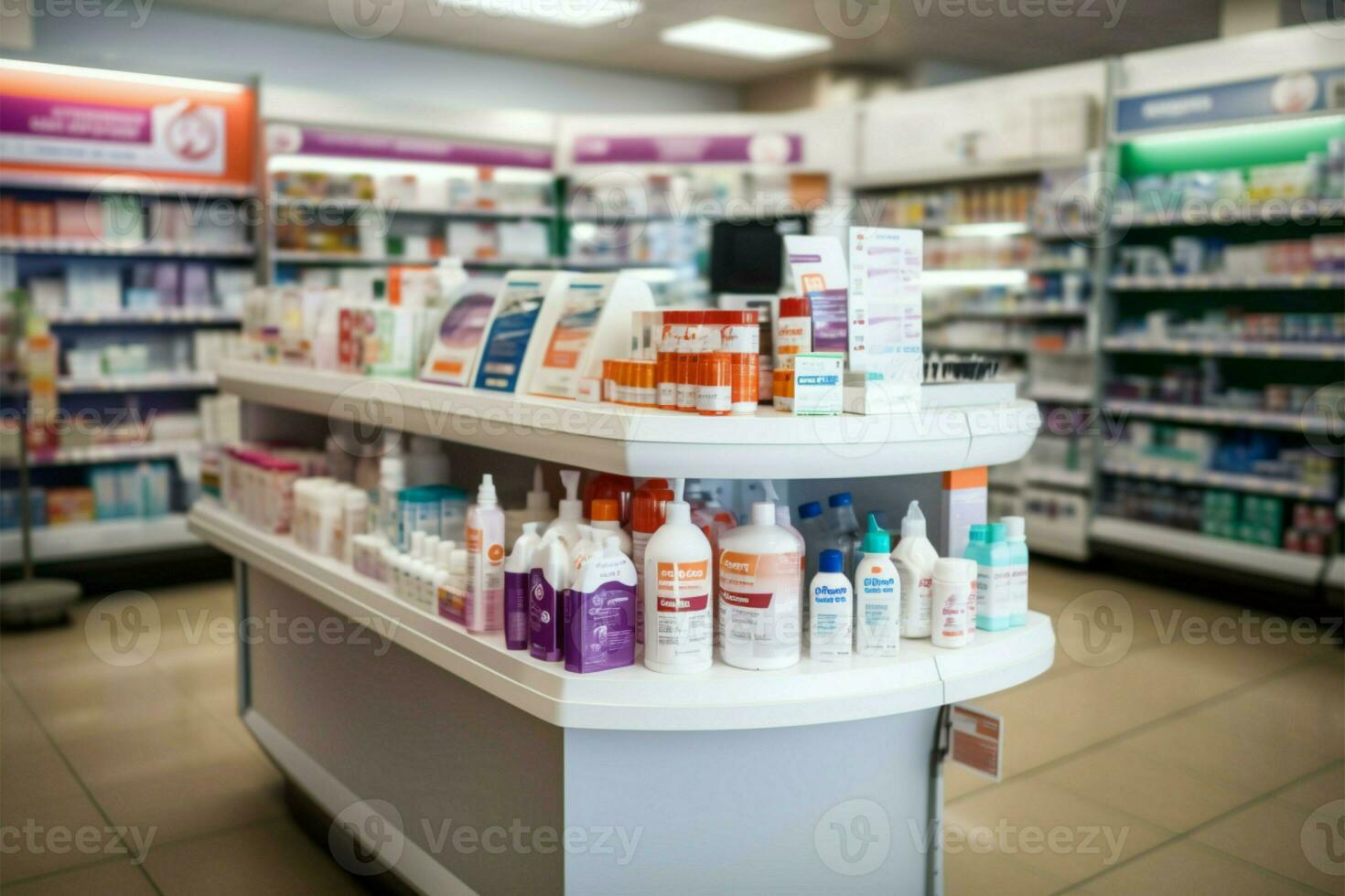 un amable difuminar acentúa estantería de cuidado de la salud productos en el Tienda ai generado foto
