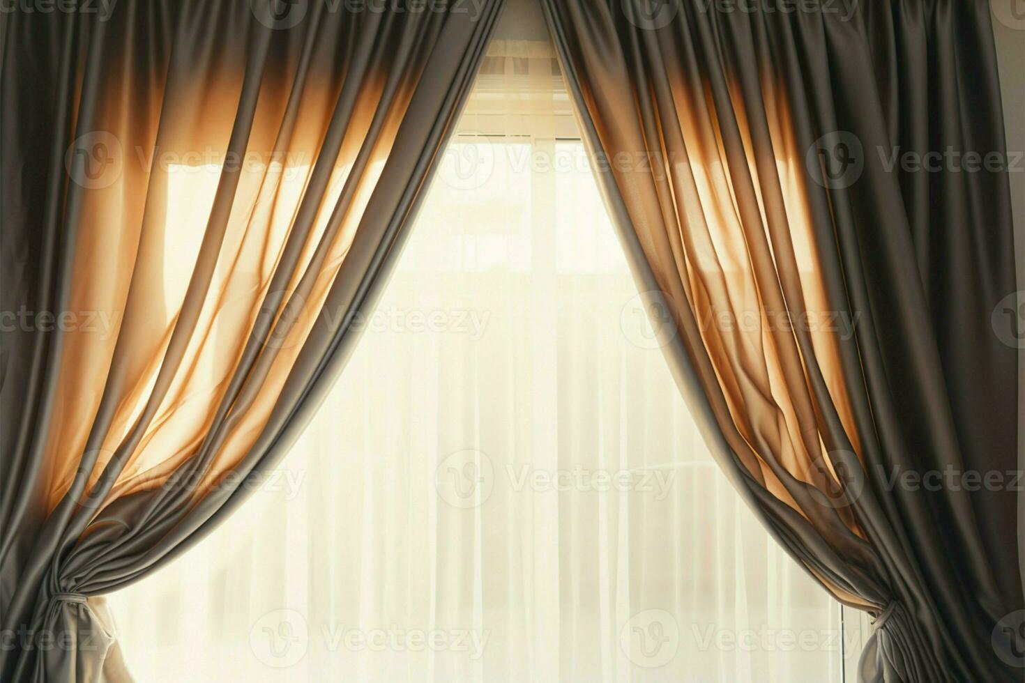 A curtain dances with the sunlight, casting a tranquil atmosphere AI Generated photo