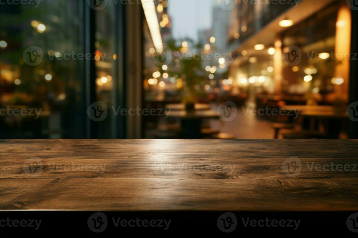 A wooden table with a blurred coffee shop backdrop for promotions AI Generated photo