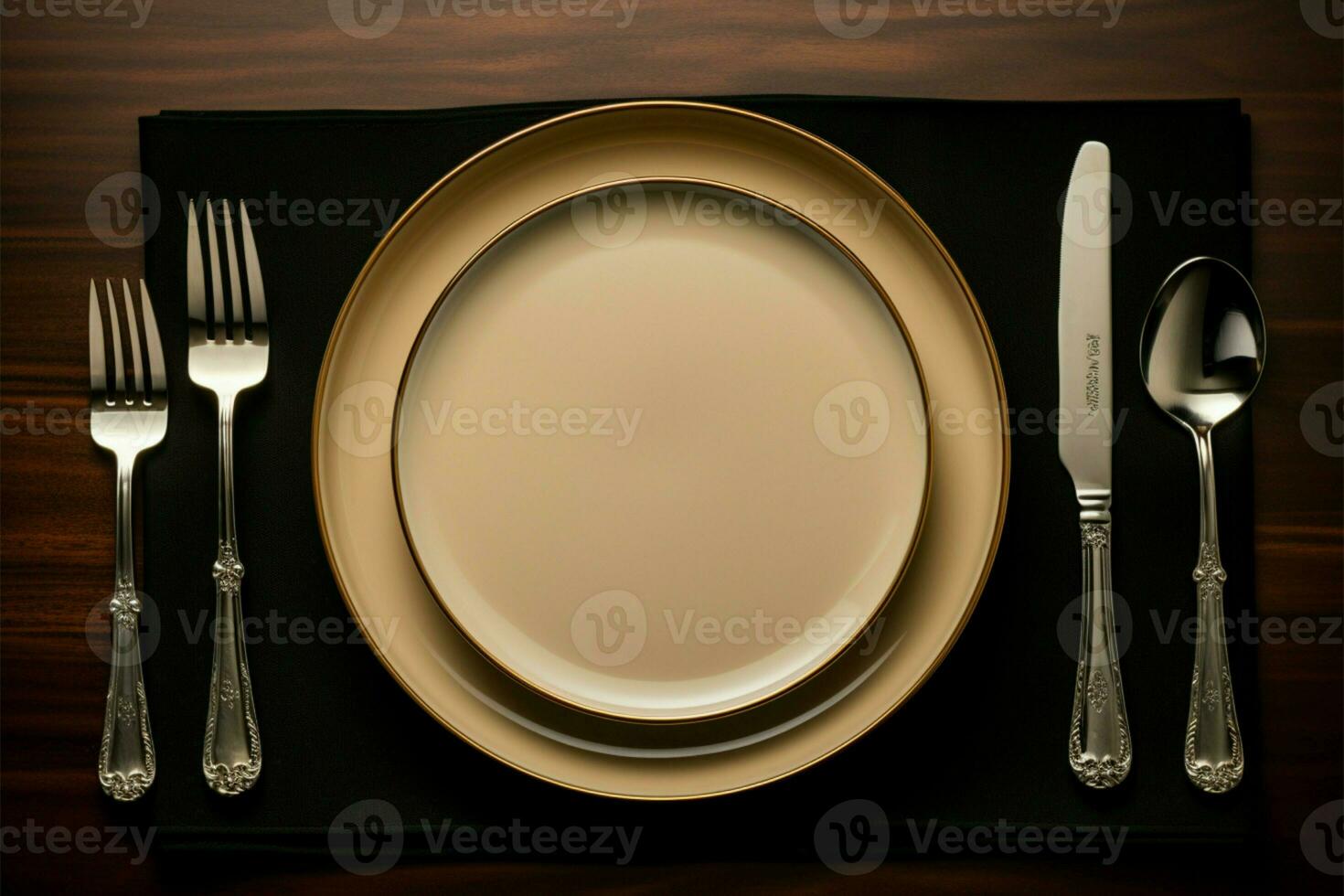 A prepared setting plate with knife, fork, and spoon arranged AI Generated photo