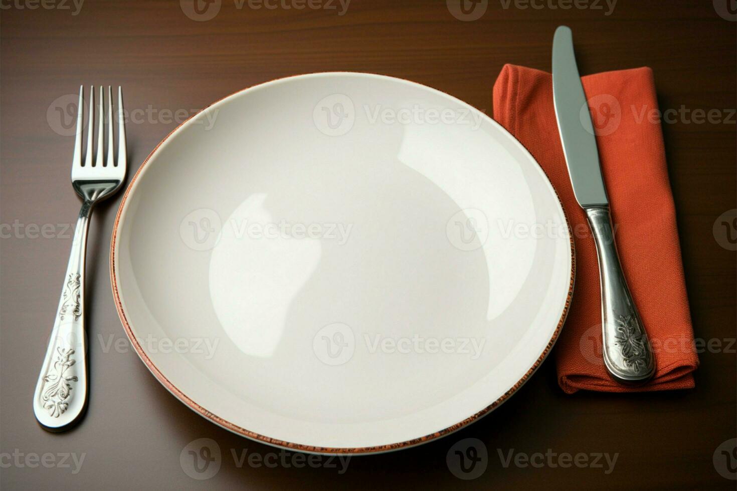 A vacant dish, accompanied by a polished knife, fork, and spoon AI Generated photo