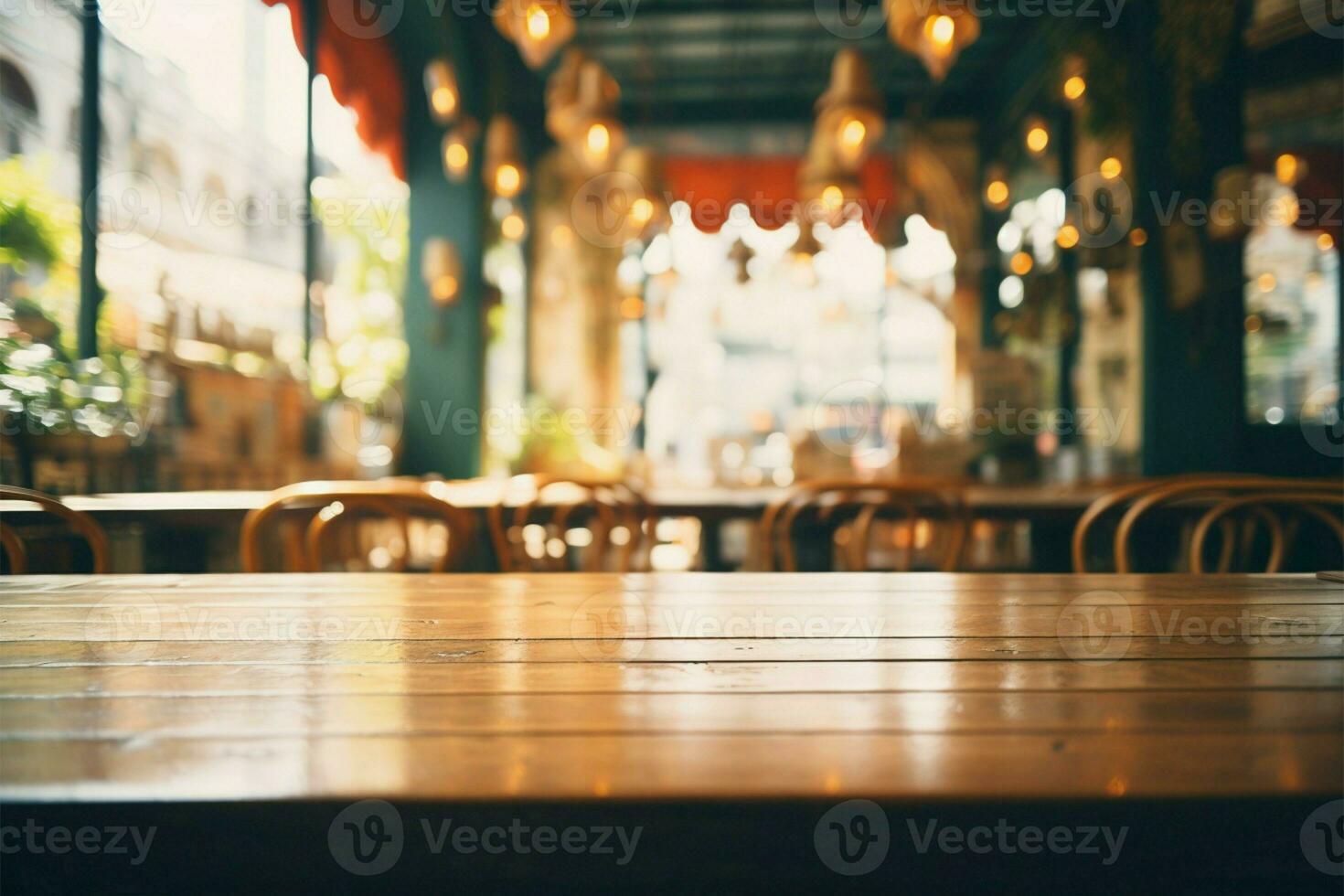 A vintage cafes interior with customer blur, great for product display AI Generated photo