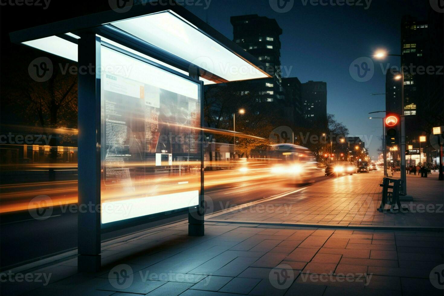 Urban bus station template with blank ad light box at night AI Generated photo
