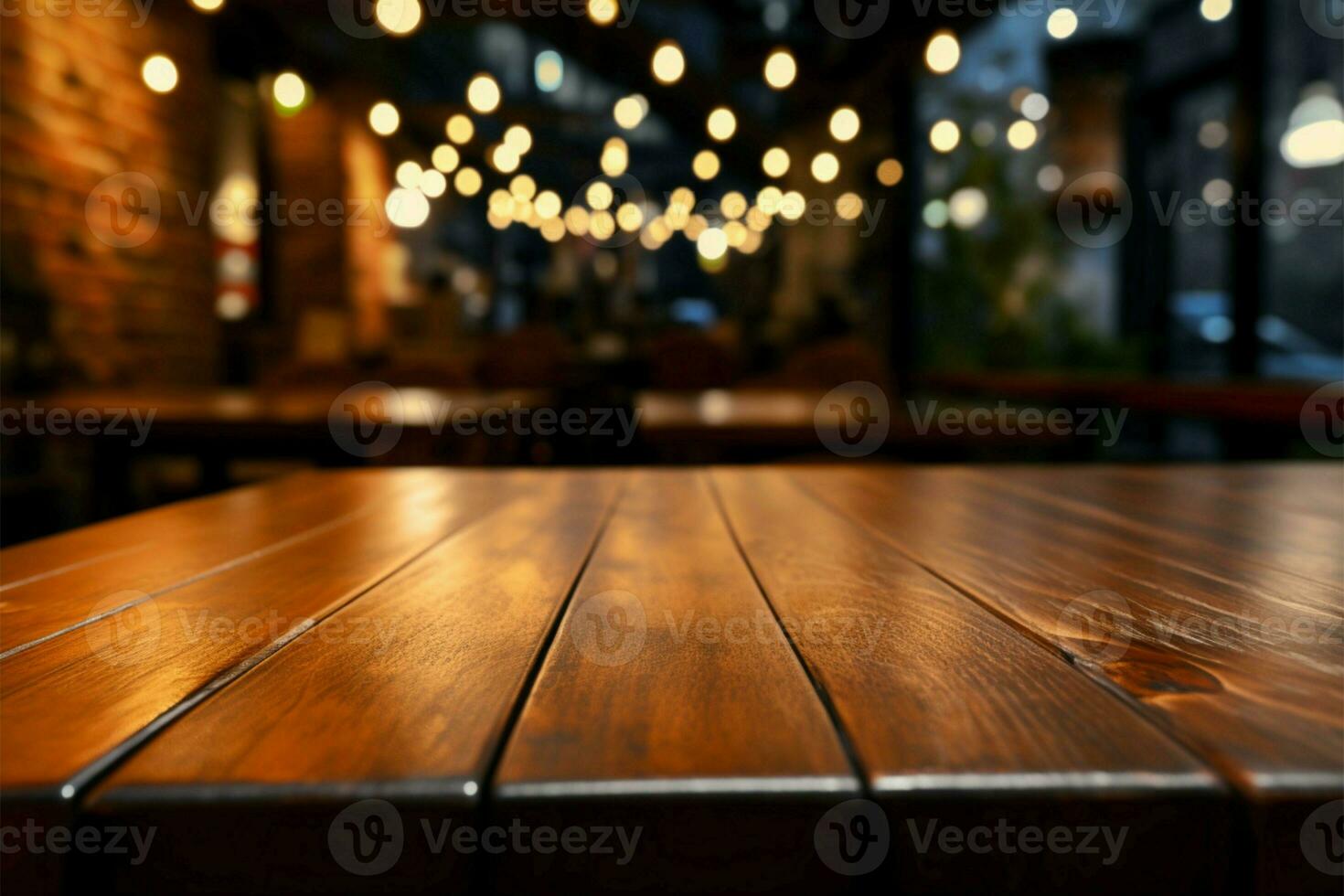 Wooden cafe table in focus, soft bokeh background enhances atmosphere AI Generated photo