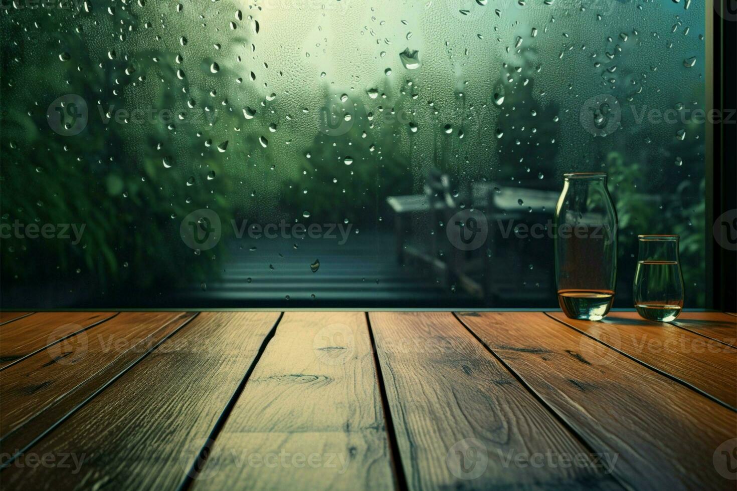 Wooden table beneath a rain streaked window, a cozy indoor scene AI Generated photo