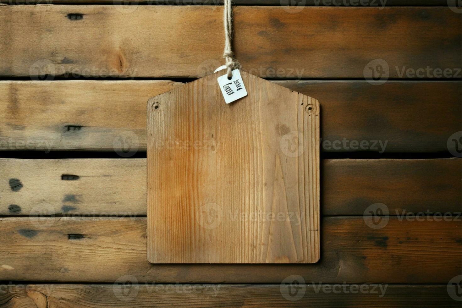 Wooden backdrop with a blank price tag, ready for labeling AI Generated photo