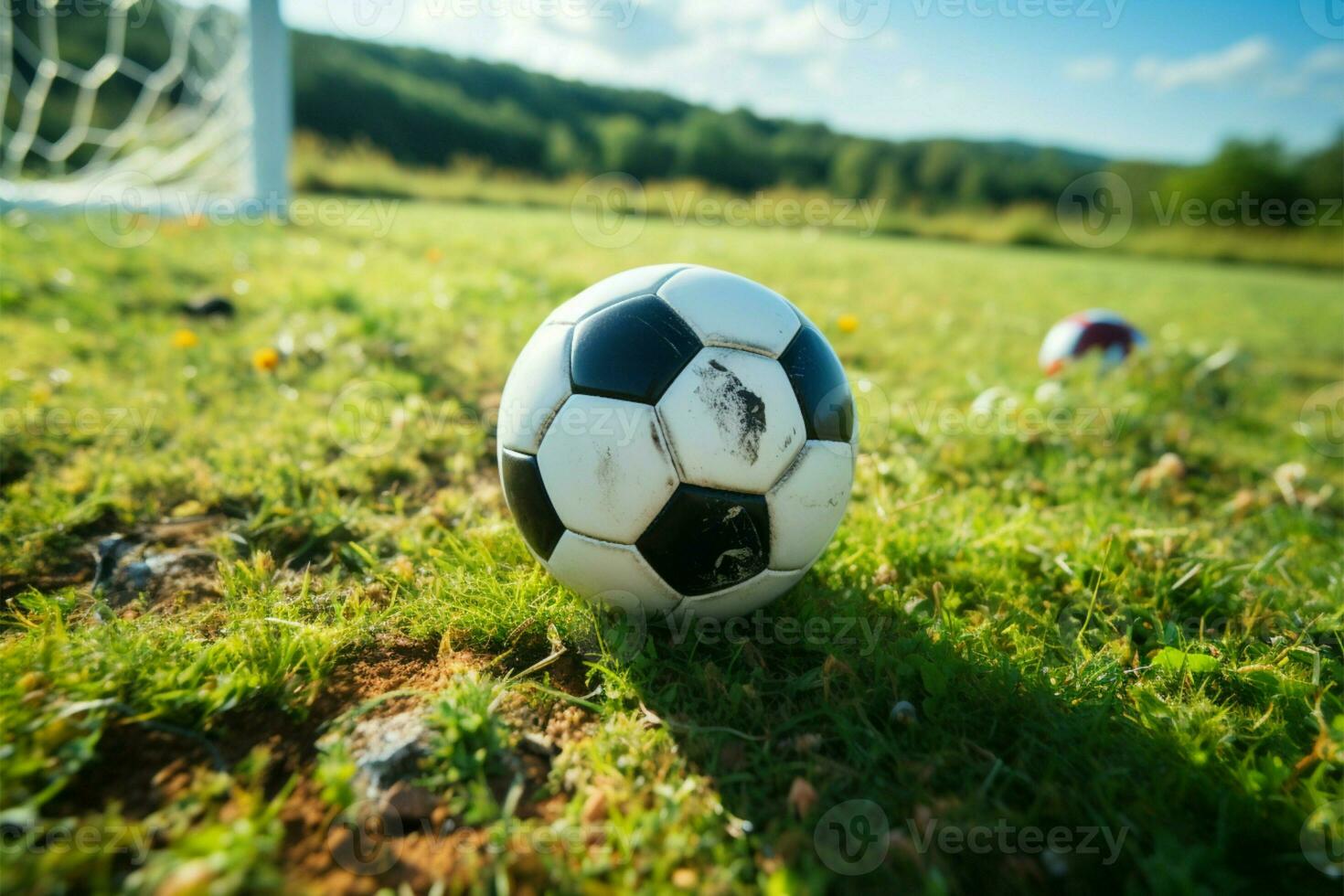 Vibrant pitch, where a soccer ball awaits sporting excitement AI Generated photo