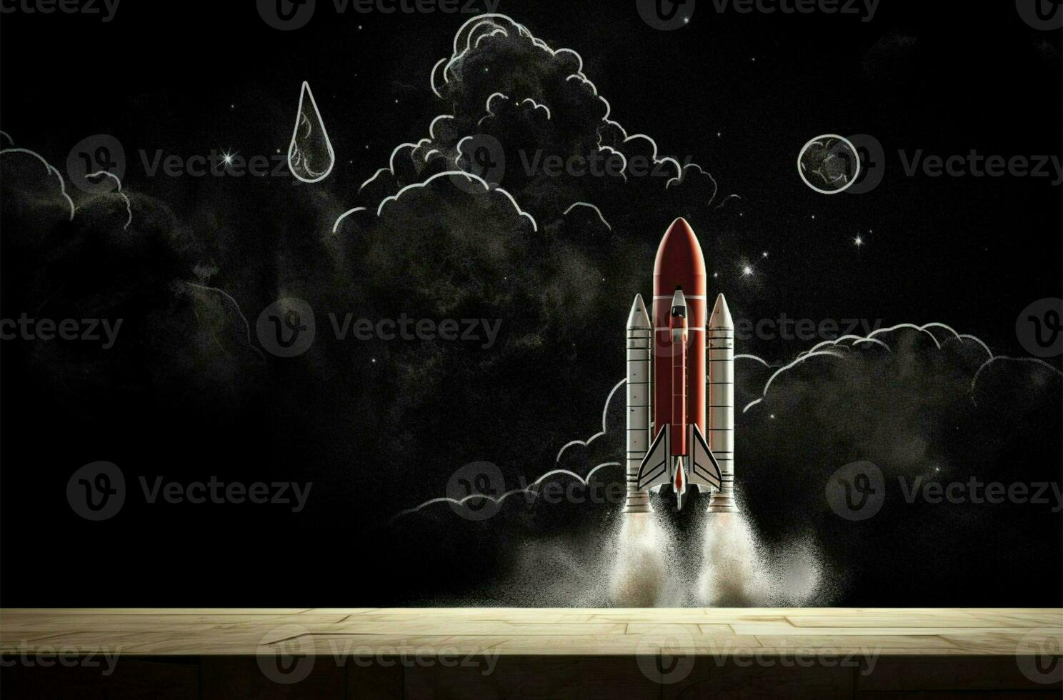Vintage rocket chalk art on aged chalkboard, perfect for educational displays AI Generated photo