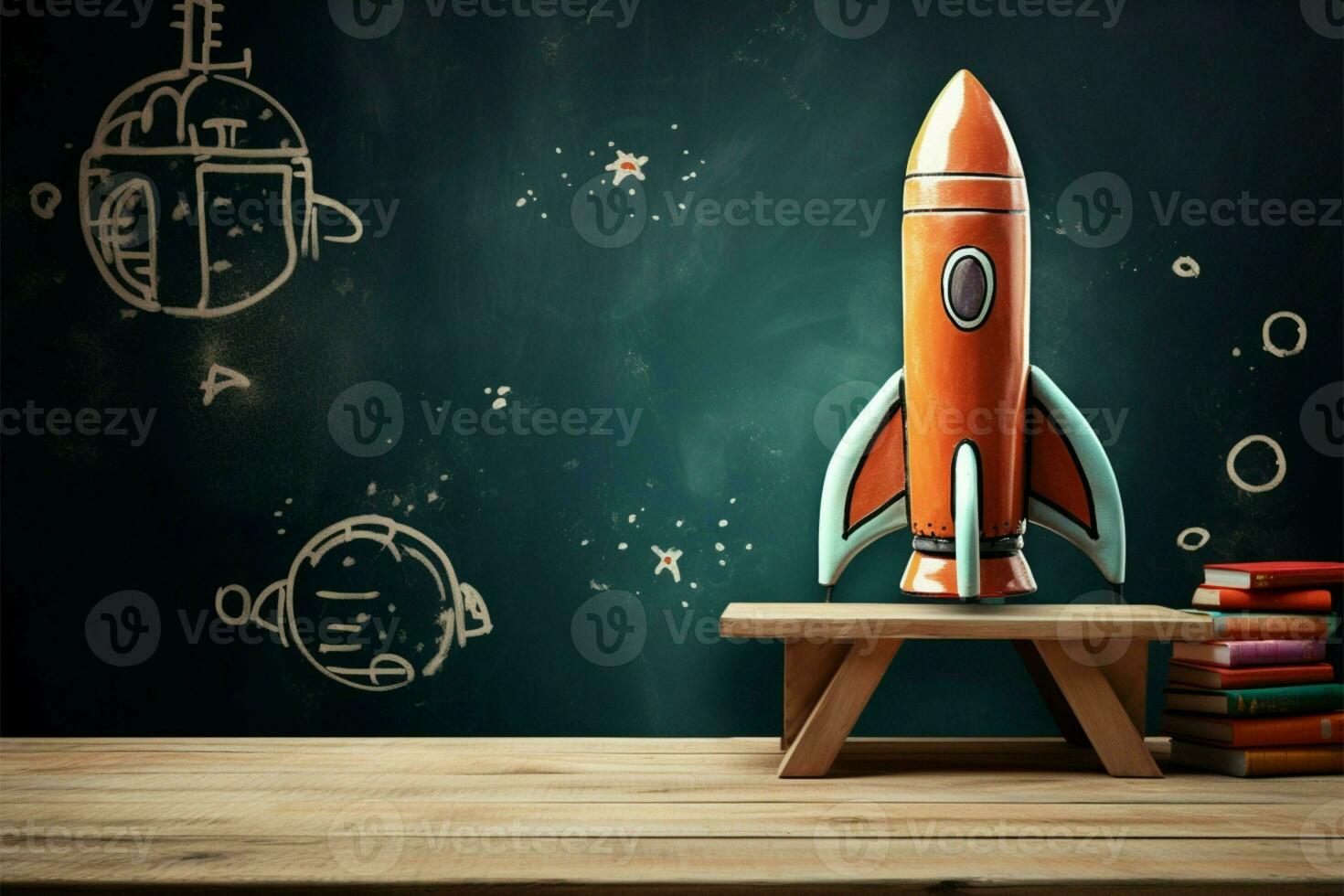 Wood table featuring a retro rocket chalk drawing on chalkboard AI Generated photo