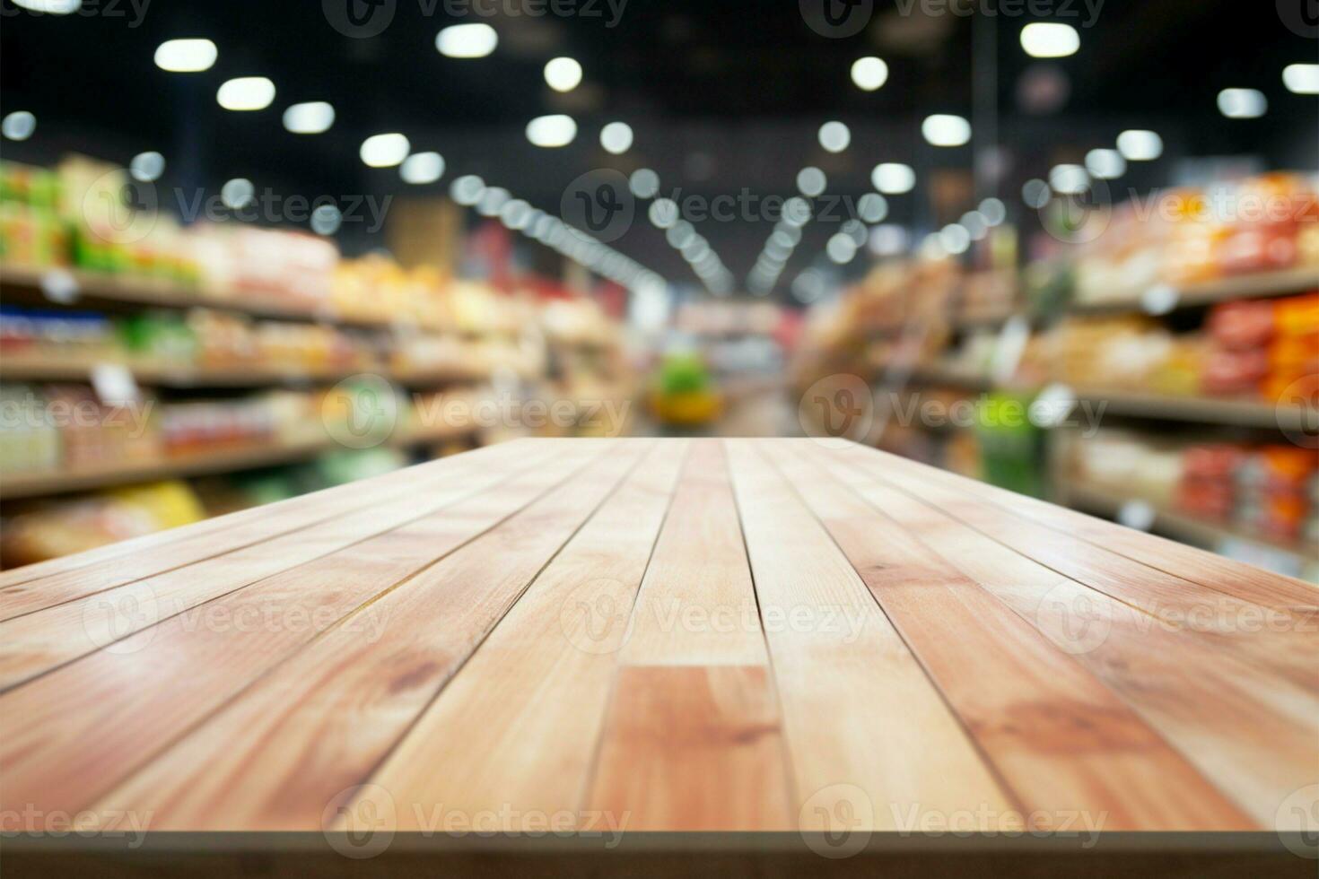 Wood table, blurred grocery aisle, and bokeh light for product exhibits AI Generated photo