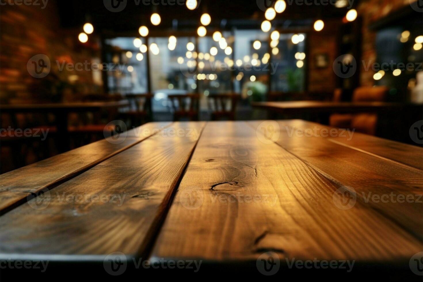 Wooden cafe table in focus, soft bokeh background enhances atmosphere AI Generated photo