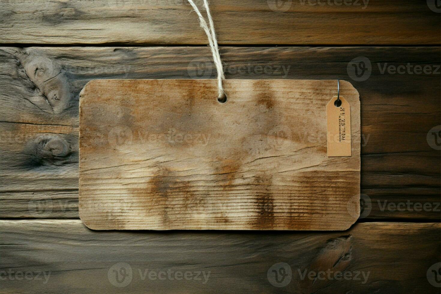 Wooden background hosts a blank price tag, awaiting customization AI Generated photo