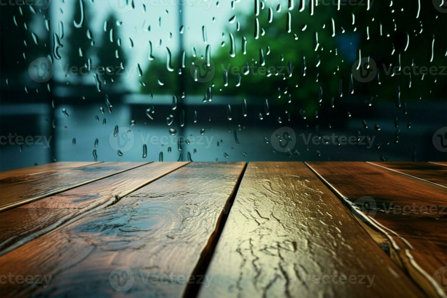Wood table with raindrop kissed glass, a serene rainy day view AI Generated photo