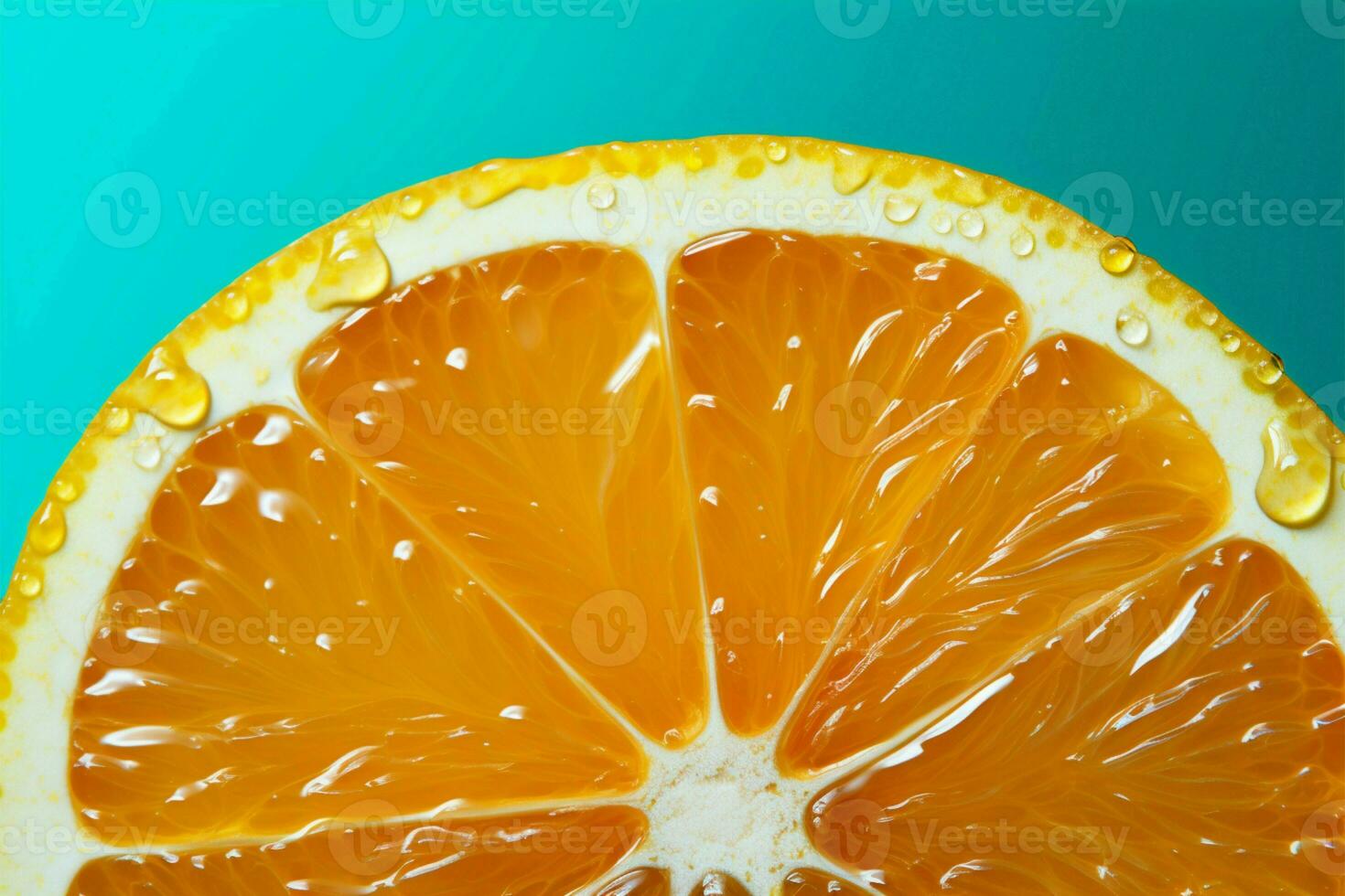 Vibrant orange slice on a saturated turquoise green background, citrus texture AI Generated photo