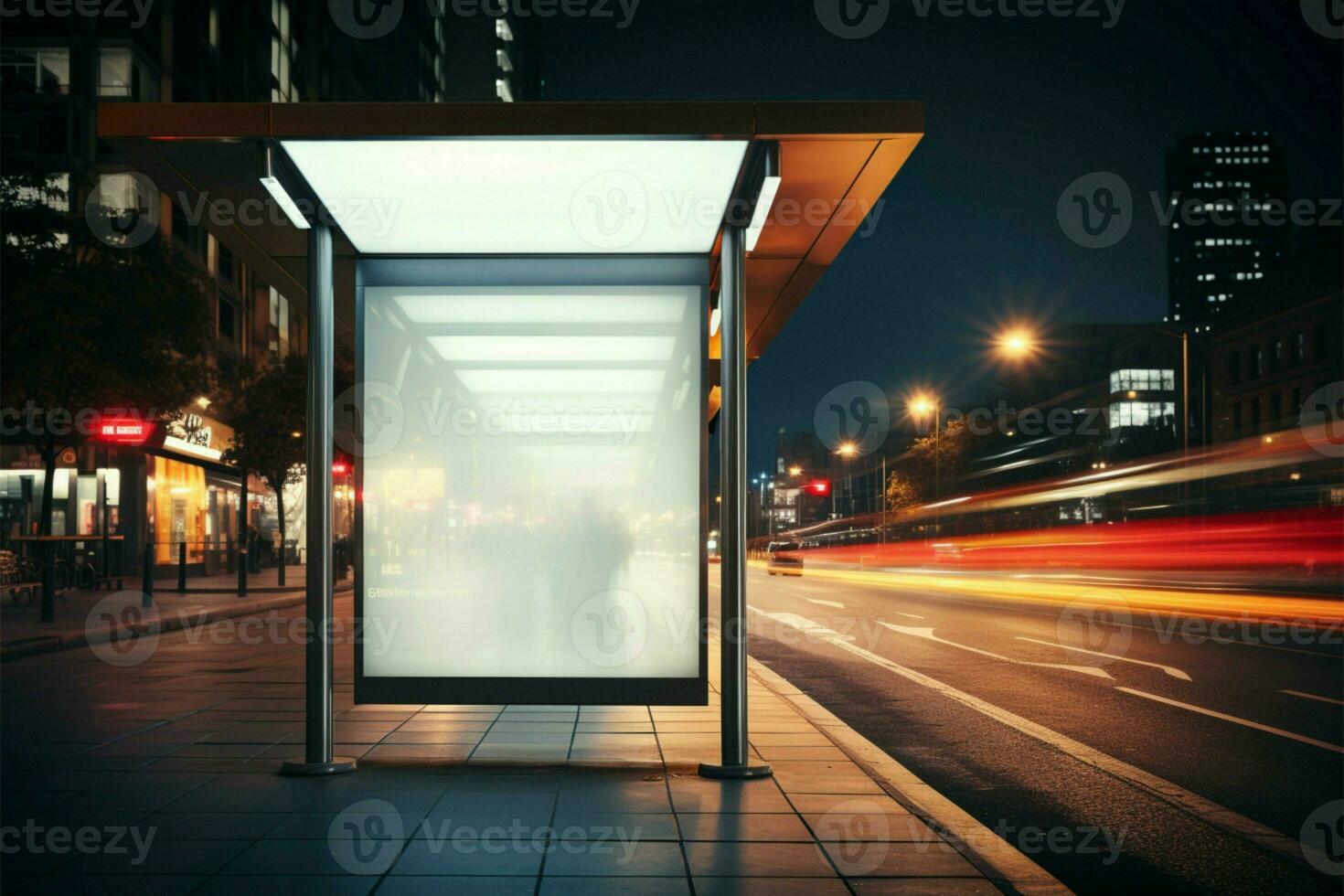 urbano autobús estación modelo con blanco anuncio ligero caja a noche ai generado foto