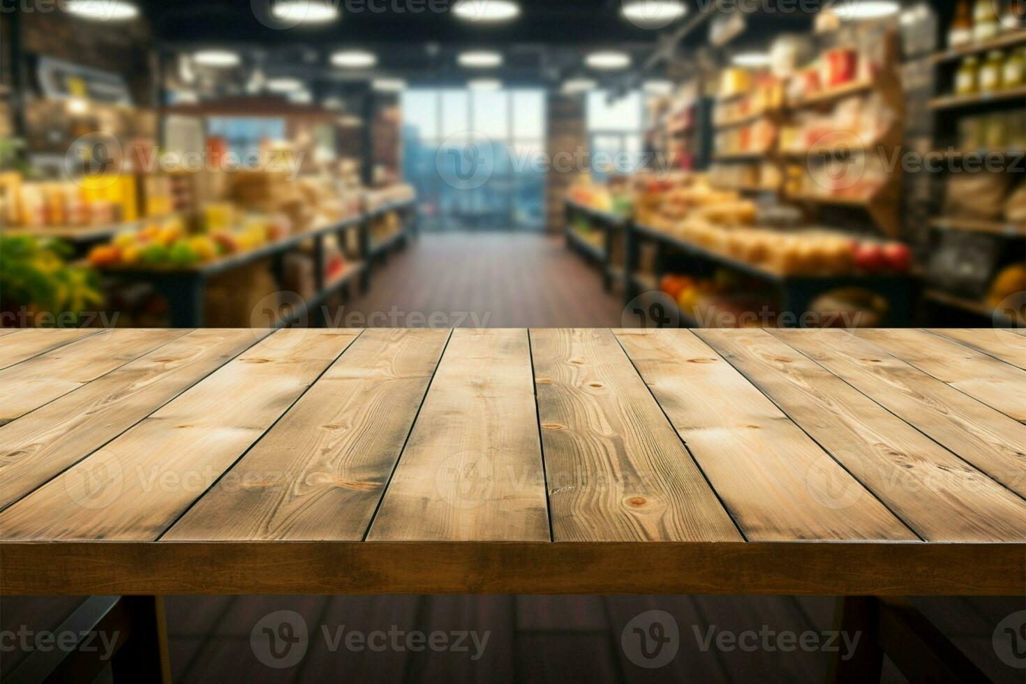 Wooden table, supermarket backdrop, perfect for showcasing product displays AI Generated photo