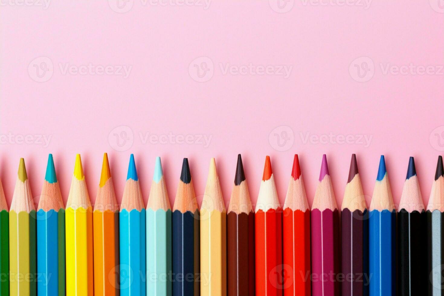 Vibrant colored pencils on pink background, providing ample space for text AI Generated photo