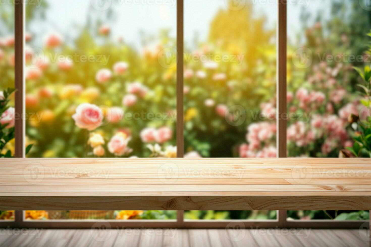 Wood table with a view of colorful garden roses through window AI Generated photo