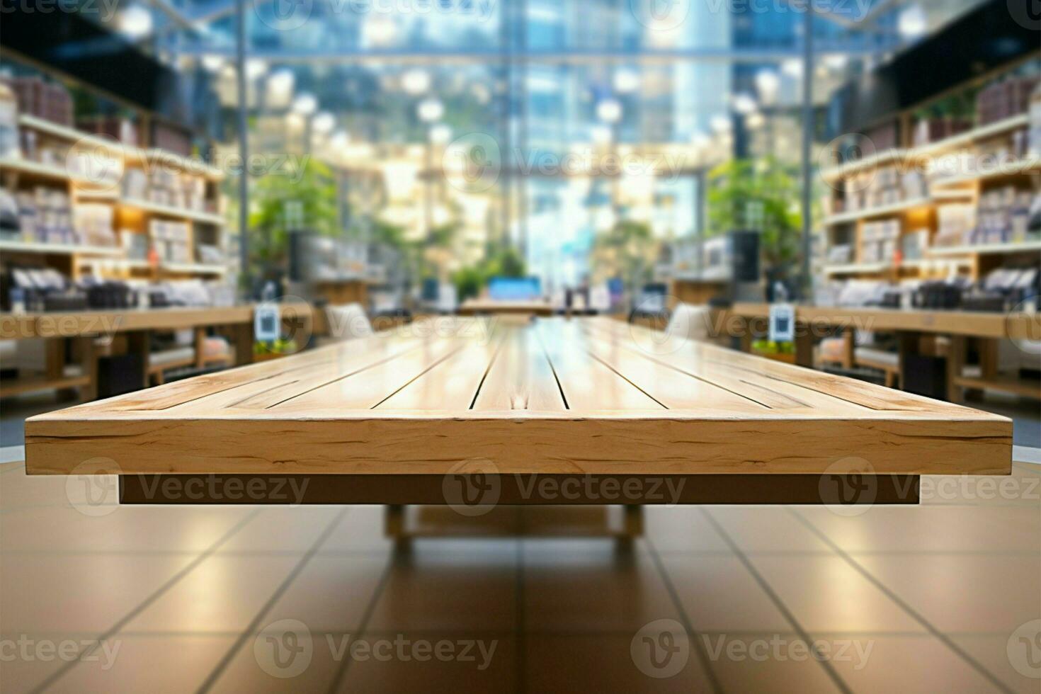 Television department store display with an empty wooden table foreground AI Generated photo