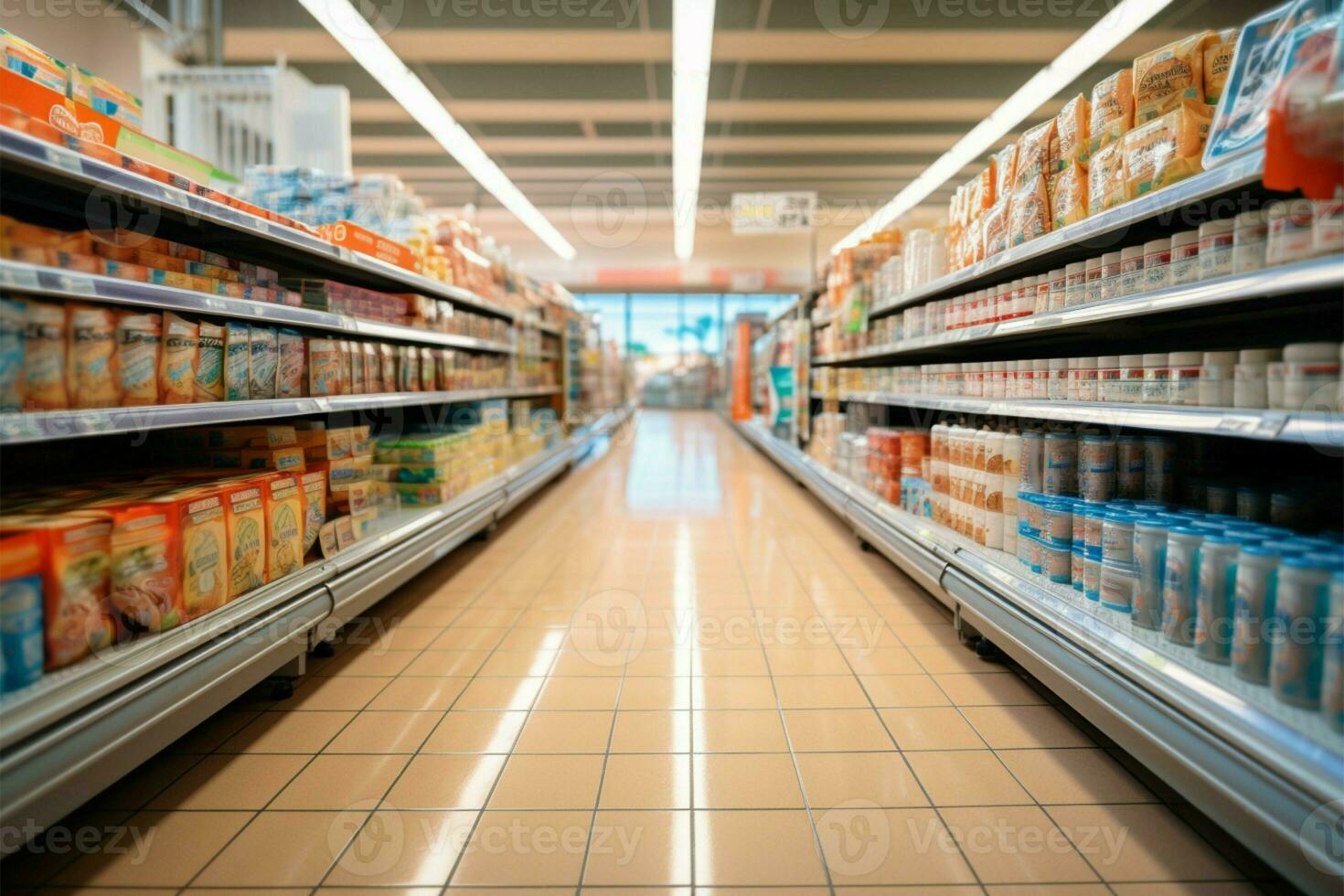 supermercado pasillo interior, Proporcionar un brumoso y bullicioso compras fondo ai generado foto