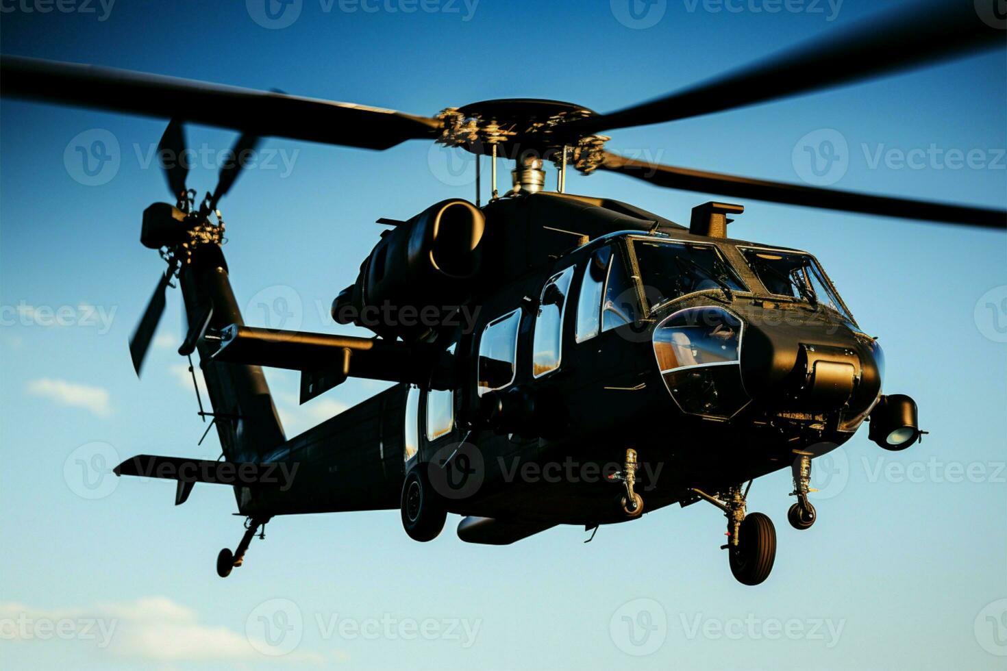 Unmarked military helicopter on an air base, symbolizing aviation and transportation AI Generated photo
