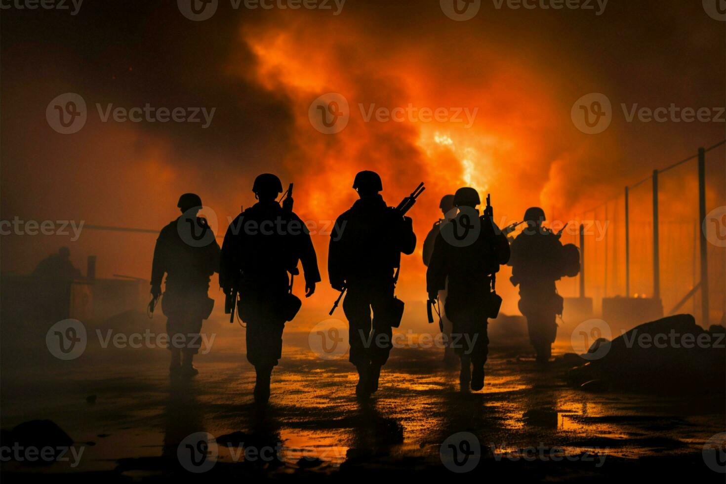 soldados siluetas en medio de el puesta de sol niebla, contratar con rifles y máquina pistolas ai generado foto