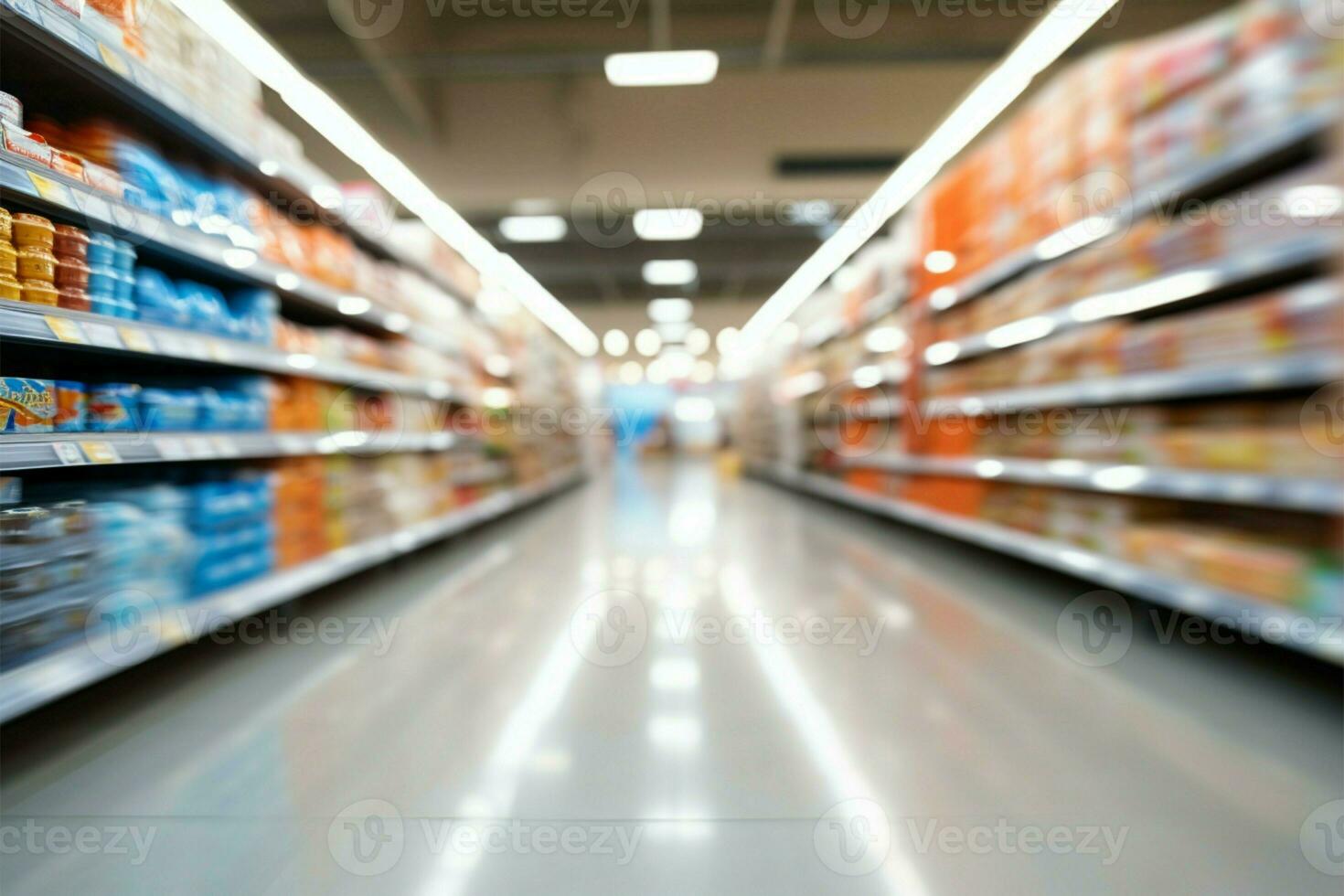 Supermarket store aisle with an abstract and blurred interior backdrop AI Generated photo