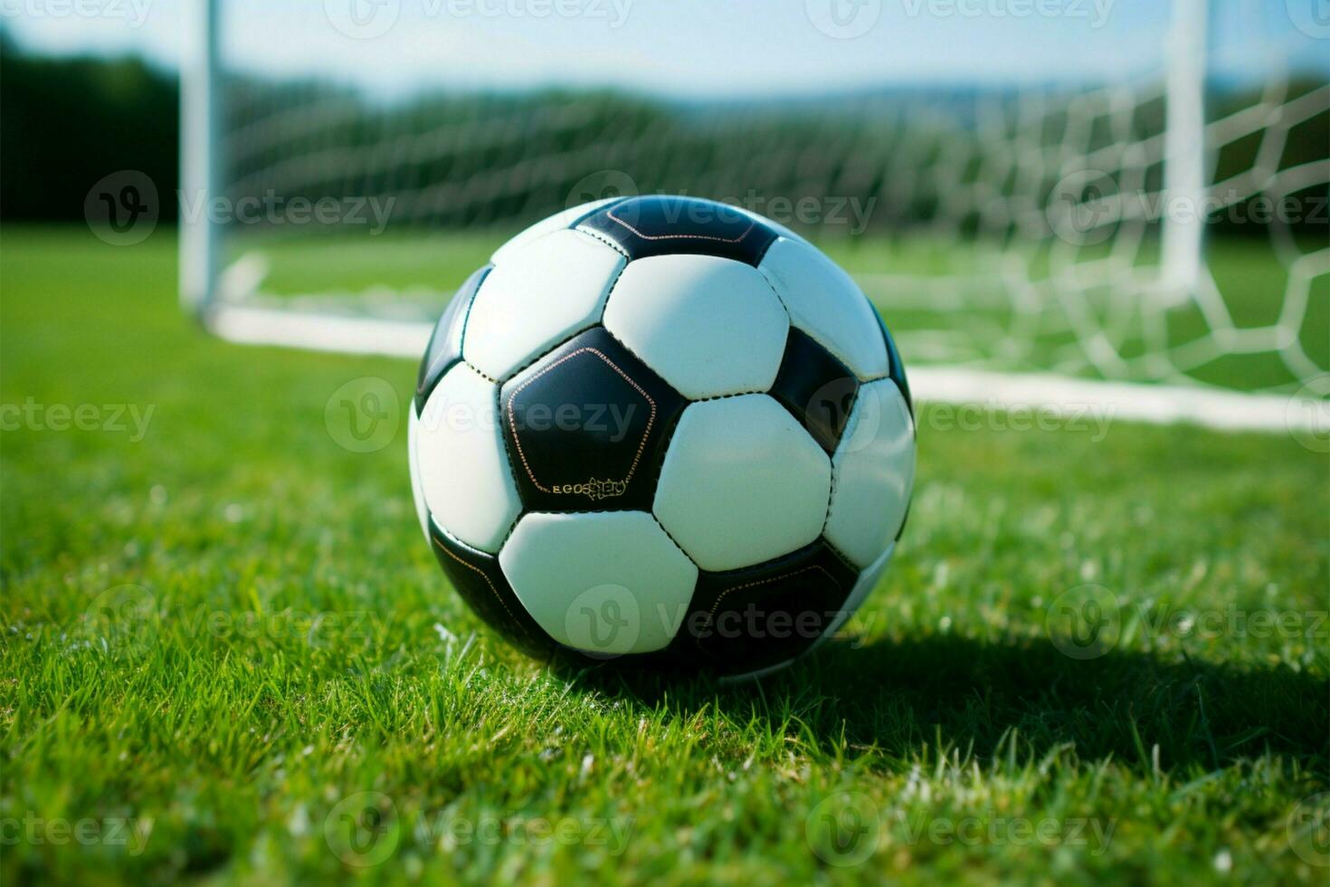 The field is set for soccer with the ball in place AI Generated photo