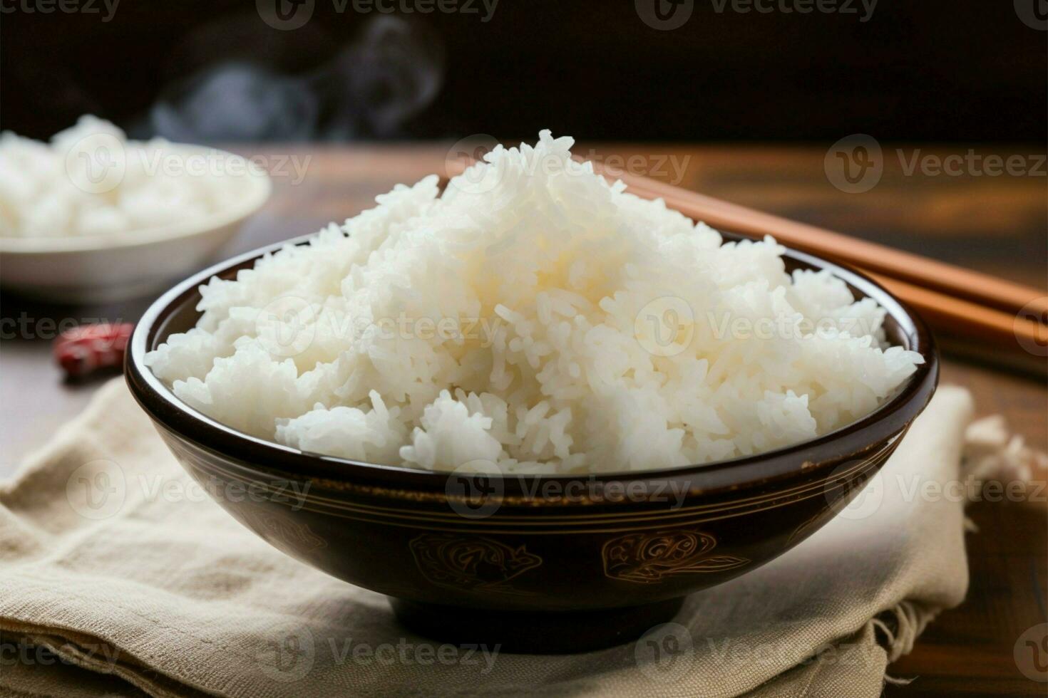 humeante blanco arroz en un bol, un sencillo y satisfactorio comida ai generado foto