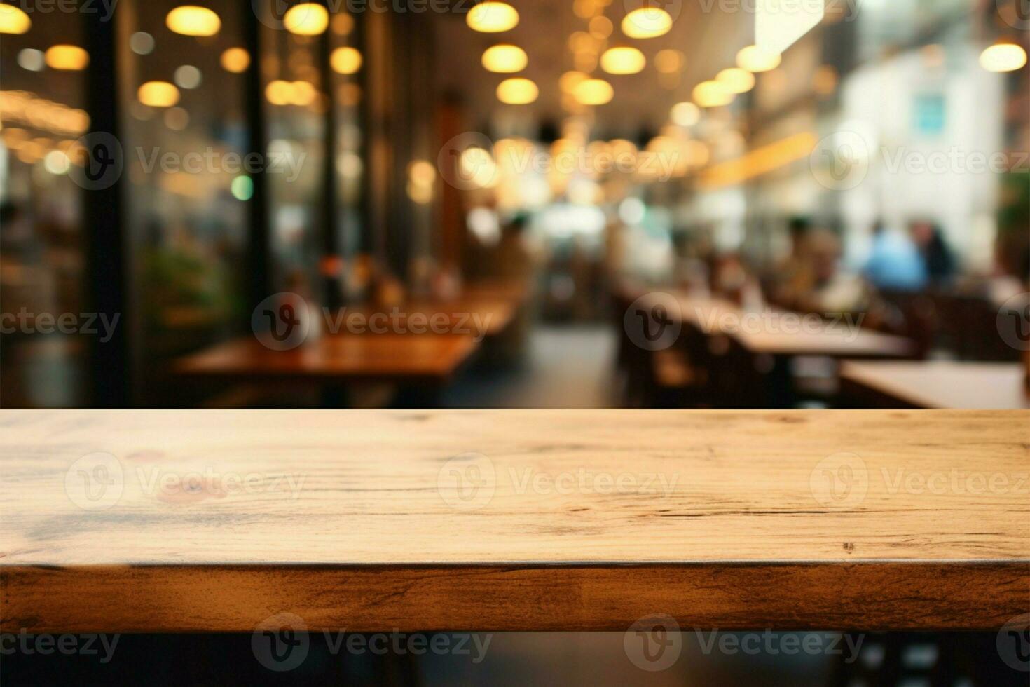 Wooden cafe table amid abstract, defocused coffee shop interior ambiance AI Generated photo