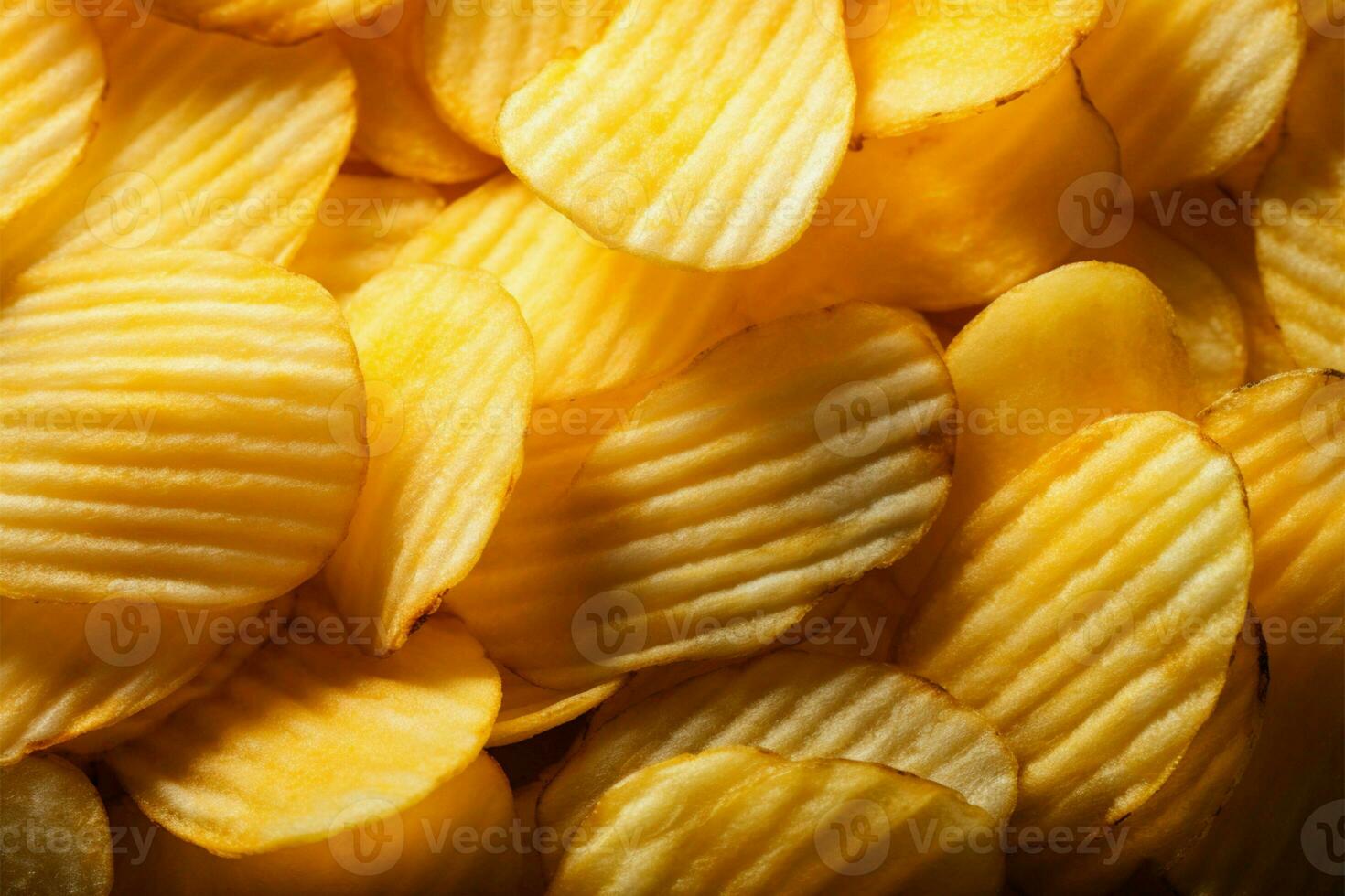 Textured background of crispy, golden potato chips, a delicious snack AI Generated photo